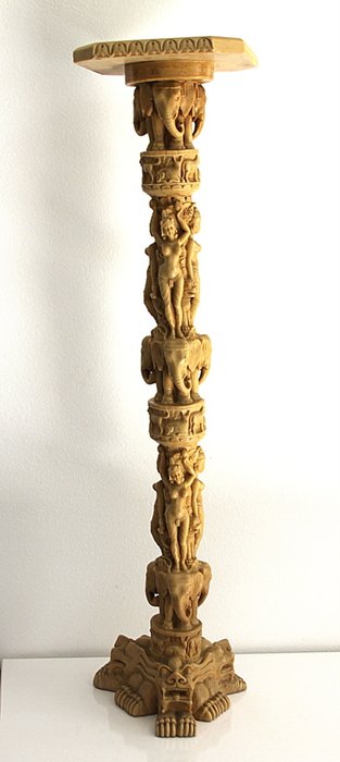 Vintage Indian column - ivory reproduction with embossing - dragons, women, elephants, lucky charms elements - from the 1970s