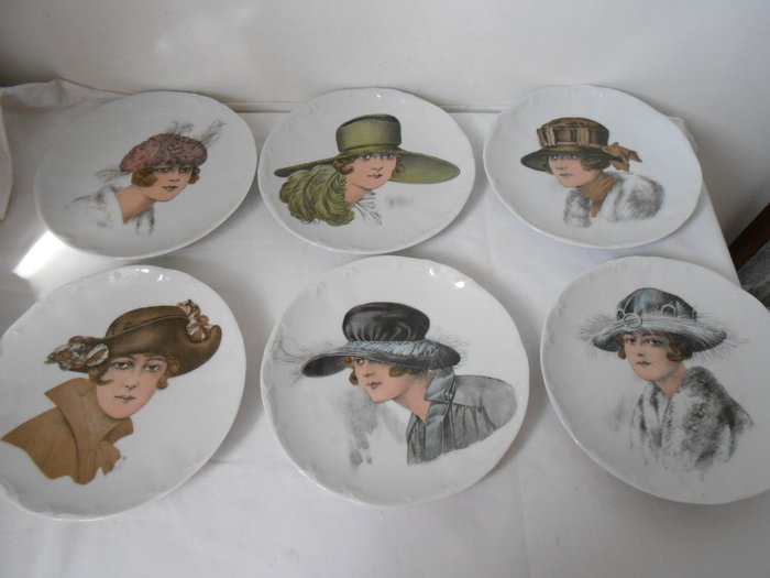 Lot of 6 porcelain plates - Art deco fashion hat