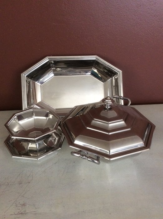 Set of 3 pieces: tureen - vegetable, dish and saucer vintage stainless Jean COUZON Goldsmith
