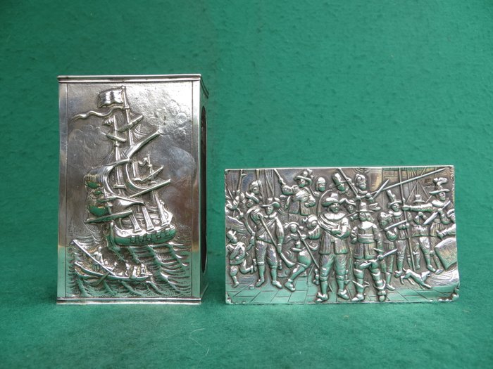 Large antique Dutch silver match box holder with the image of a three masted sailing ship from 1931, includes a large silver-plated Rembrandt Nachtwacht match box holder