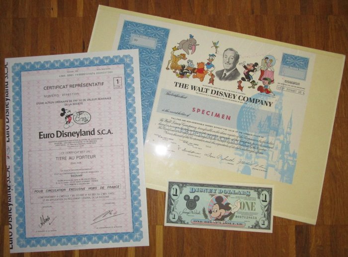 USA - Walt Disney Company - DECO Share Certificate - plus Euro Disneyland Share Cert. och Disney Dollar