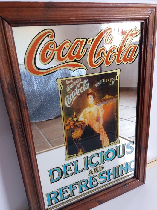 Spiegel mit Echtholzrahmen Coca Cola Logo