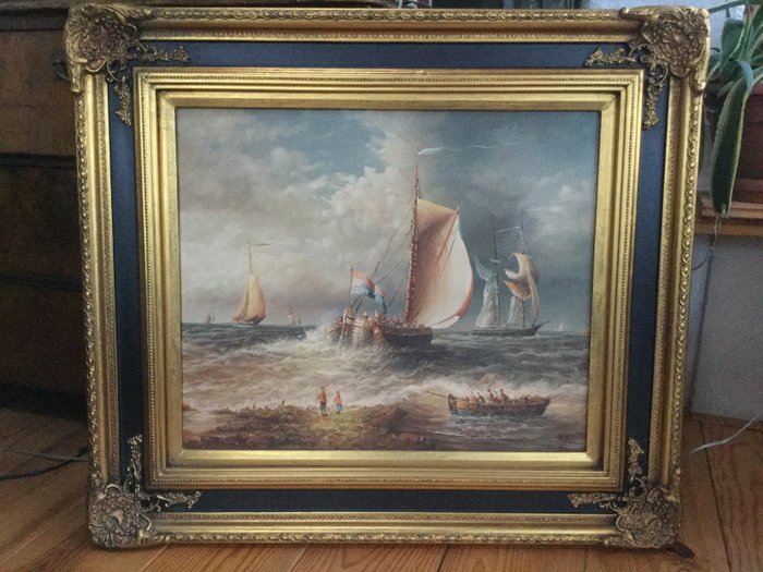 signed R.T.  - Pittura a olio - paesaggio marino olandese - Olio su tela