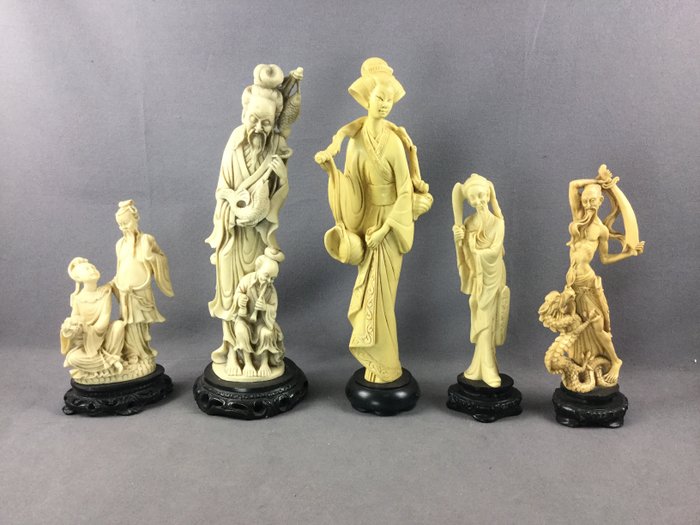 lot of 5 Asian statues in resin or ivoirine - Resin/Polyester