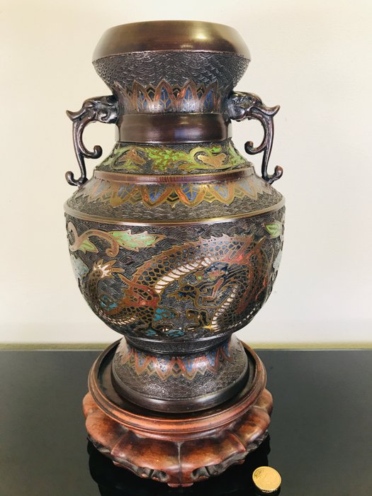 珍贵的大型古董青铜景泰蓝花瓶 - Cloisonne enamel, 黄铜色 - 日本 - 19世纪