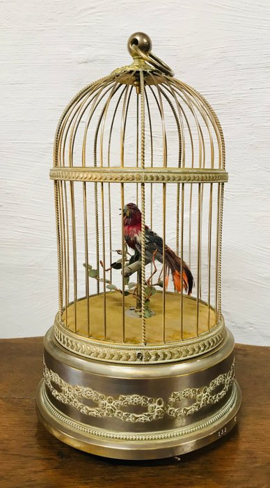 Automa, vintage songbird fischiettante, Gabbia per uccelli - Ottone - Prima metà del 20° secolo