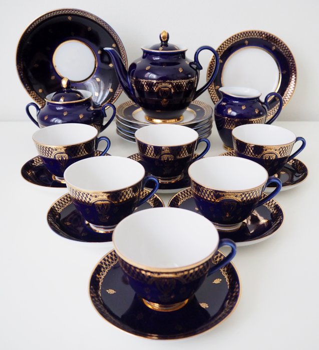 Lomonosov Imperial Porcelain Factory  - 6件鈷藍茶“金蓮花”茶具 - 瓷器, 金色