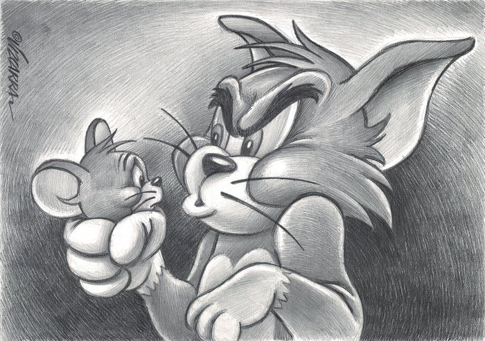 When Tom Catches Jerry - Original Drawing - Joan Vizcarra - Pencil Art.