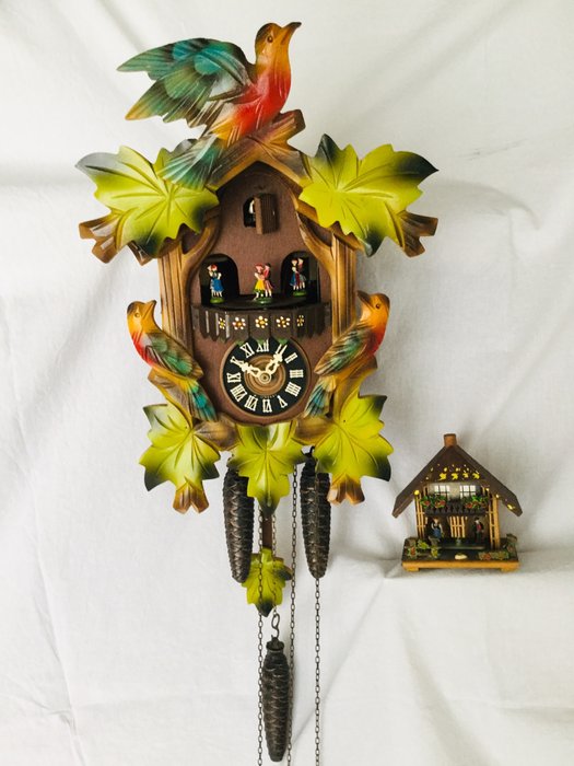 beautiful vintage cuckoo clock with dancing couples - and nice weatherhouse, vintage 1960s