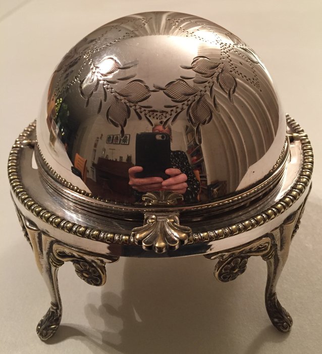 Kaviár / vajtartó, tekercs top, Art deco globe (1) - Silver plated - Nagy-Britannia - 1900-1949