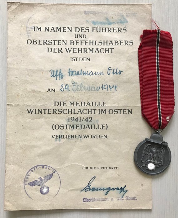德国 - 奖章“东方冬季战役”与证书 - 1942