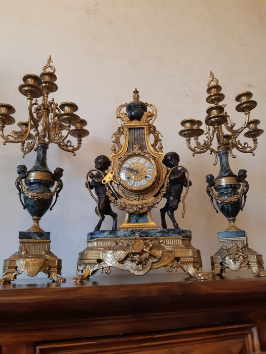古色古香的巴黎三联Franz Hermle时钟 - 大理石, 黄铜, 黄铜色 - 20世纪下半叶