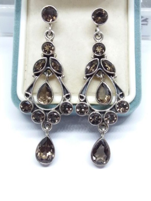 Vintage Sterling Silver 925 Chandelier Earrings with smokey quartz and rhinestones