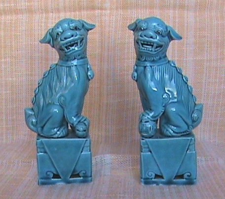 Leão guardião chinês (2) - Porcelana Chinesa Vidrada Azul Turquesa - Porcelana - Leões guardiões chineses - China - Segunda metade do século XX