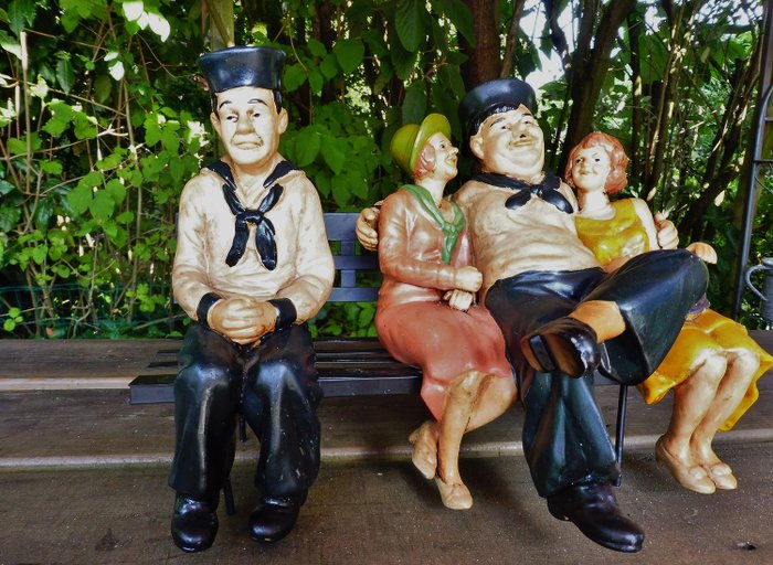 Laurel and Hardy Figures on Bench for Garden