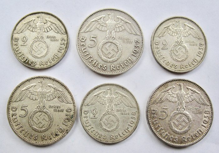 德国第三帝国 - 2 & 5 Mark  1936, 1937, 1938 & 1939 - 6 different coins - 银