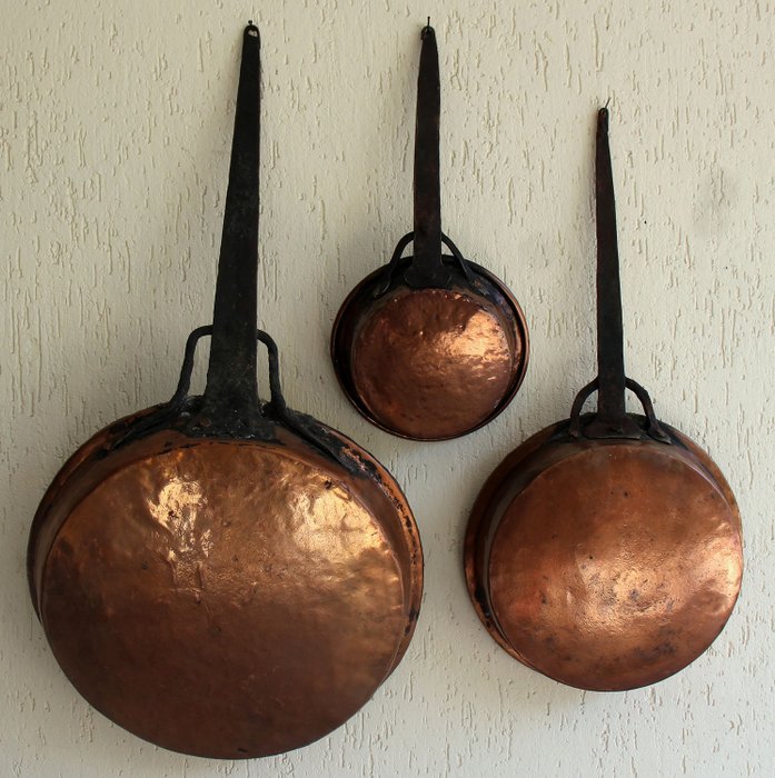 Set di 3 Antiche  Pentole per friggere  in rame - Italia metà XIX secolo  - pots - Copper - Catawiki