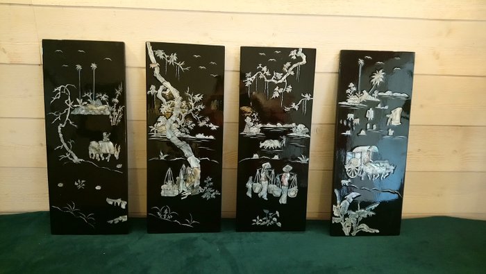 4 wood panels with inlays - Black lacquered wood & mother-of-pearl - Vietnam - Second half 20th century