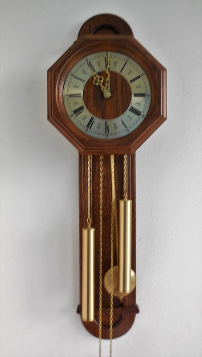Classic oak wall clock with weights - Frans Hermle (1) - Wood/Copper/brass