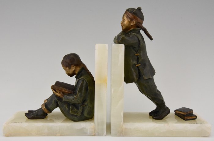 Mabel H. White - Art Deco bronze bookends for studying Chinese children