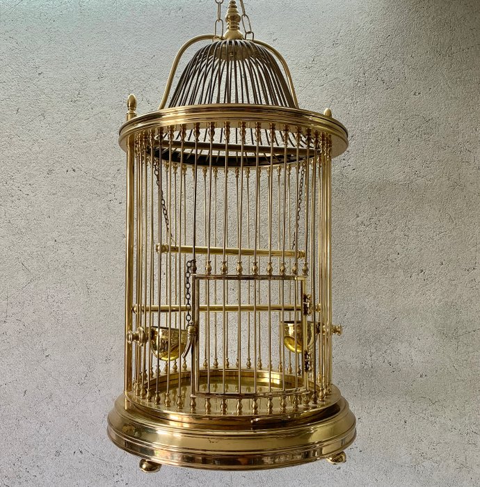 罕见的古董全黄铜鸟笼 - 黄铜