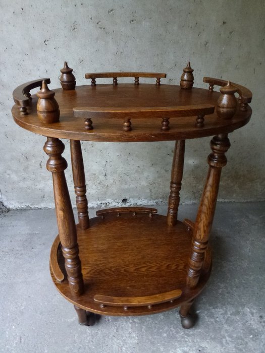 Old oval wooden serving trolley, Butler trolley, tea table with wheels H 66.5 × 36.5 × 46 - Wood