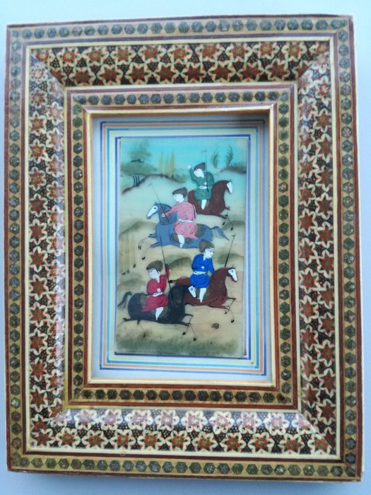 Khatam-Bild mit persischer Malerei (1) - Holz / Knochen / Metall eingelegt - Iran - Mitte des 20. Jahrhunderts