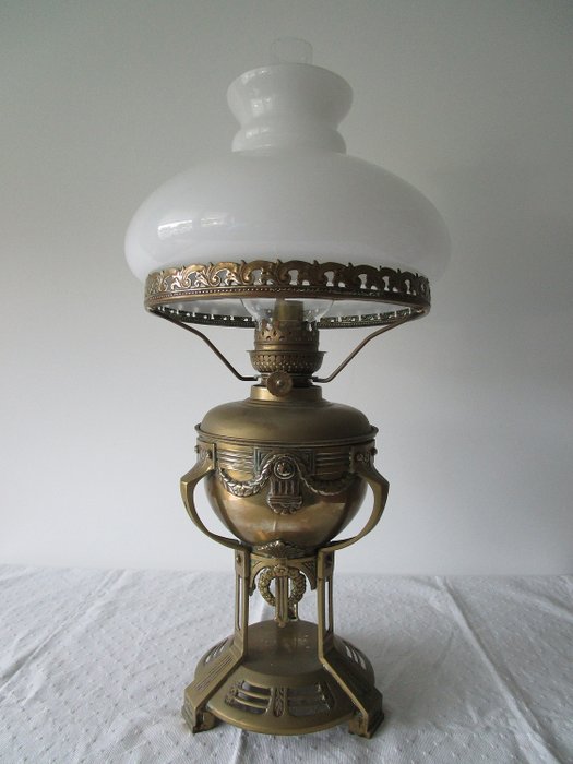 Antique copper oil lamp with milk glass shade Germany c a 1910 - Art Nouveau - brass glass