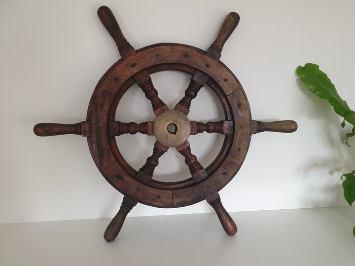 精美的全木质船舵/方向盘，带全铜内轮毂 - 木－橡木