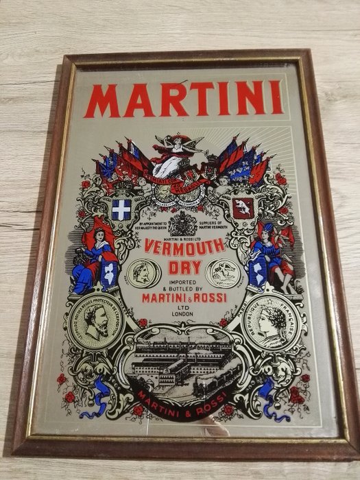 Martini - Vintage gezeefdrukte reclamespiegel (1) - Glas (glas-in-lood), Hout