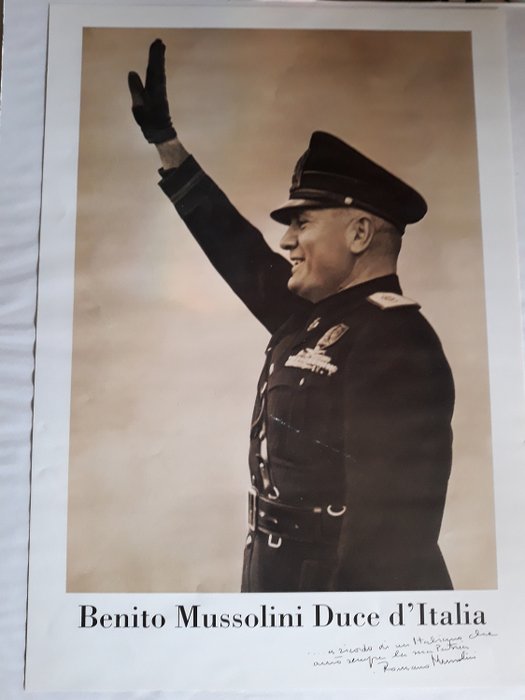 Italia - Poster, fotografie cu Benito Mussolini Duce din Italia cu dedicație autografă a fiului său Romano Mussolini