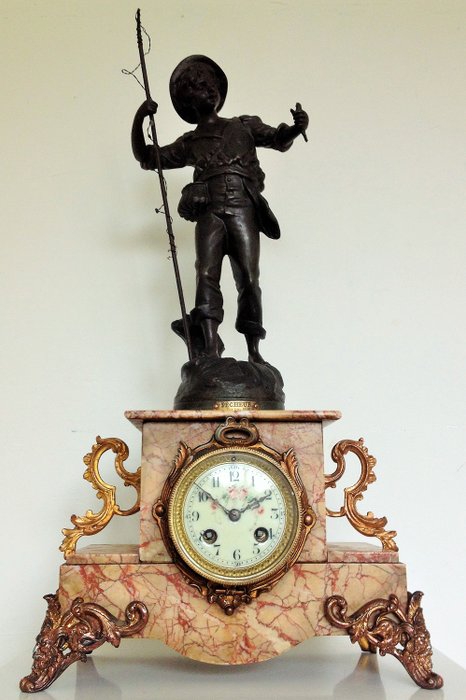Garniture clock 'Pêcheur' Par Geo Maxim - Japy frères & Cie Beaucourt - Gilt, Marble, Spelter - Ca. 1901