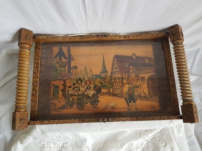 Louis Bollinger - Boli - Tray typical French scene - signed - plateau and bois sculpté (1) - Wood