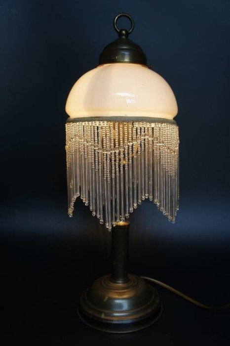 Authentic antique table lamp with original glass beads - Brass, Copper, Glass