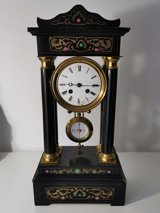 Gantry clock with 4 Napoleon III columns in blackened wood - Brass, Bronze, Wood - Late 19th century