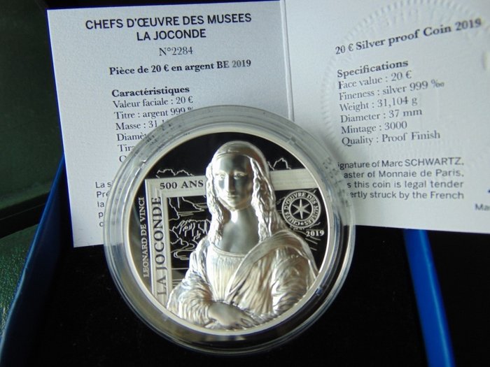 France - 20 Euro 2019 - 'Vinci Joconde Mona Lisa' High relief 3000 only Rare - Silver