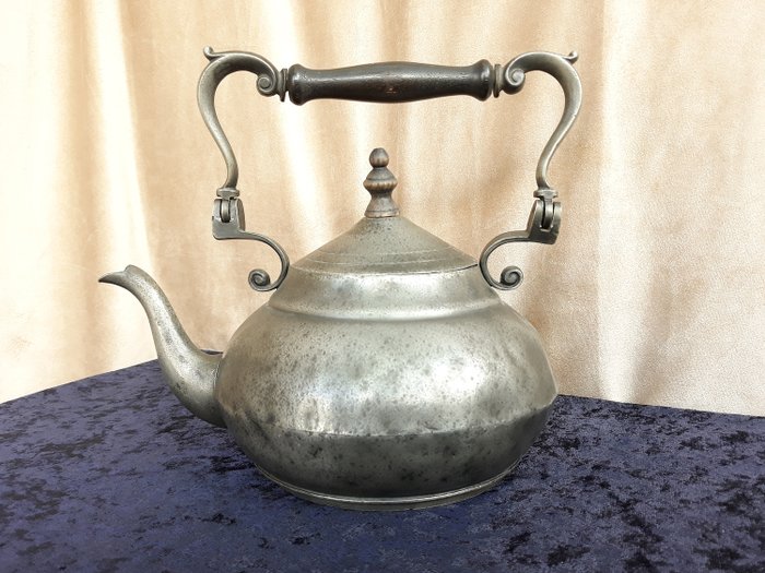 Antique Teapot, Stamped "Block Zinn 1820" - Tin / Wood Handle