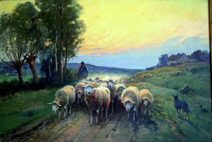 A. Derians - Berger et troupeau de moutons au crépuscule.