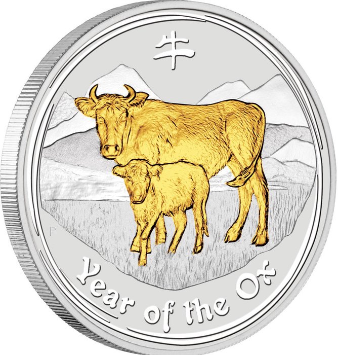 Australia. 1 Dollar 2009 Lunar Ochse / Ox  gilded 1 oz