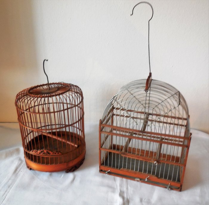 2个仿古木制鸟笼-装饰精美 - 木材/金属