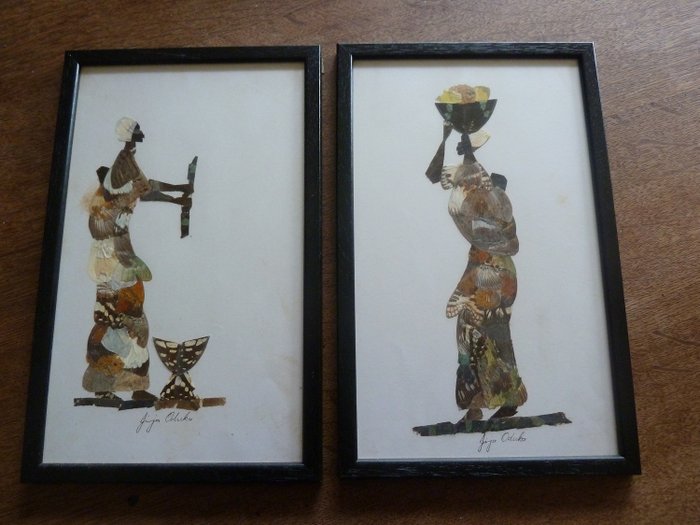 Pair of Central African Republic Illustrated Frames - Butterfly Wing Art - Jija Oduka - - various species - 1×21×34 cm - 2