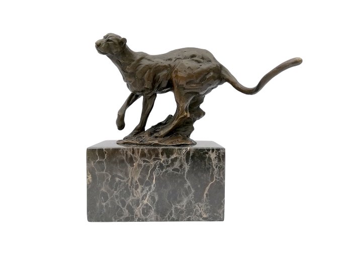 Figurine - Running wild cat - Bronze, Marble