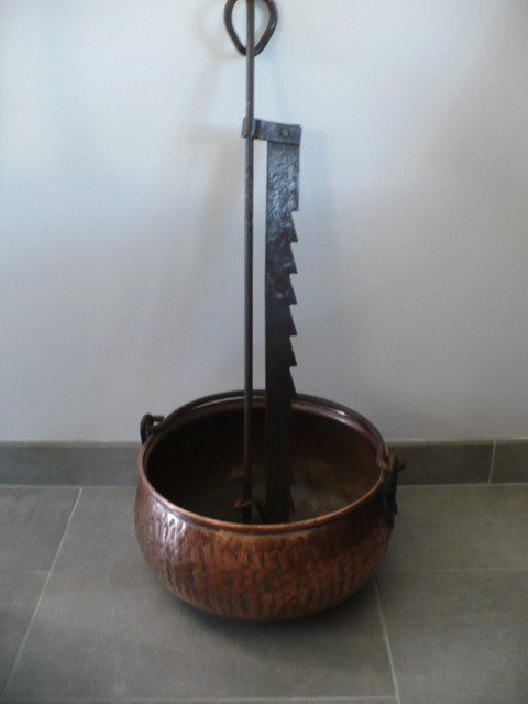 large fireplace cauldron with its copper and wrought iron rack - Copper