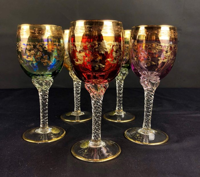 Cristal T Murano - Copas de vino (5) - 24 KT Oro, Cristal