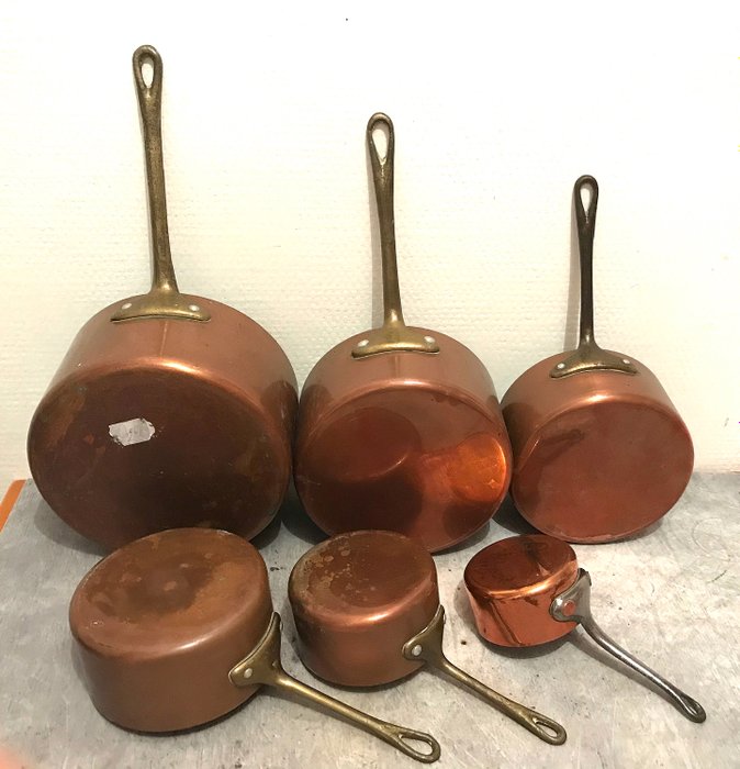 set cooking pots old copper and bronze or old brass (6) - Copper