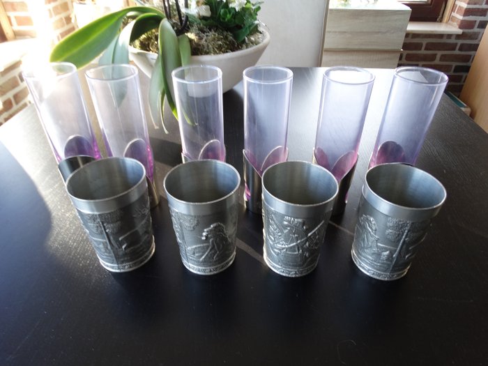 F.M.C.  -  Rein Zinn - 6 Etain - Pewter Peltro 95 Glasses + 4 HandGuss Rein Zinn German drinking cups (1950s) (10) - Art Deco - Glas, Tin