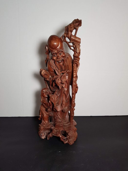 不道德寿星带孩子的中国古董木雕神 - 木 - 中国 - Republic period (1912-1949)