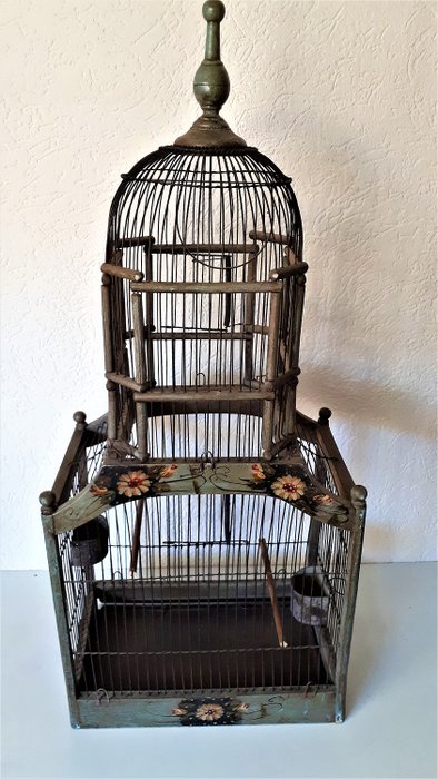 antigua jaula de pájaros pintados a mano (1) - madera-metal
