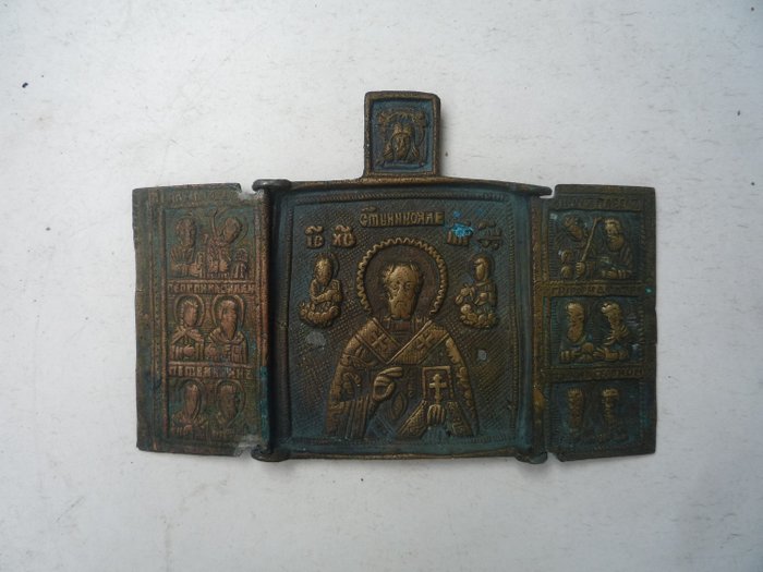 Travel icon, Triptych, Russian icon Saint St Nicholas - Bronze - 18th century