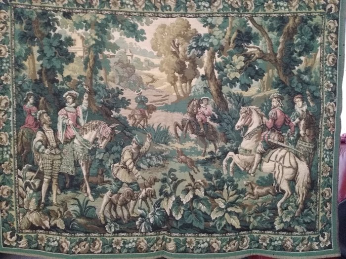Hunting tapestry, Tapestry (1) - Baroque style - Linen, Wool - Early 20th century